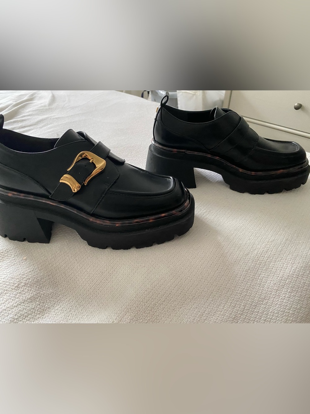 Circus NY Black Platform Leather Loafers with Gold Buckle and Tortoise Detailin